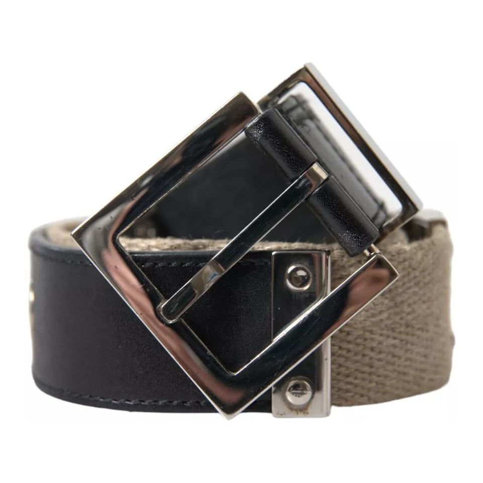 Dolce & Gabbana Black Leather Beige Strap Silver Metal Buckle Belt Dolce & Gabbana