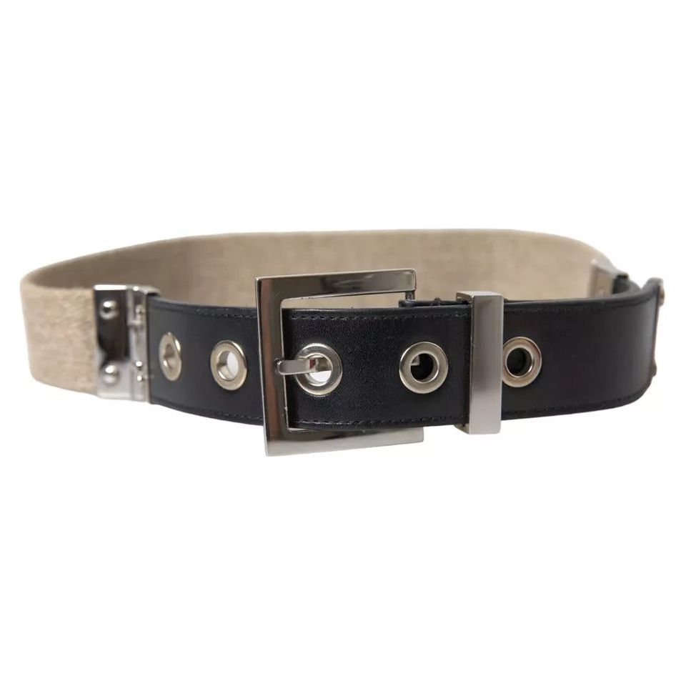 Dolce & Gabbana Black Leather Beige Strap Silver Metal Buckle Belt Dolce & Gabbana