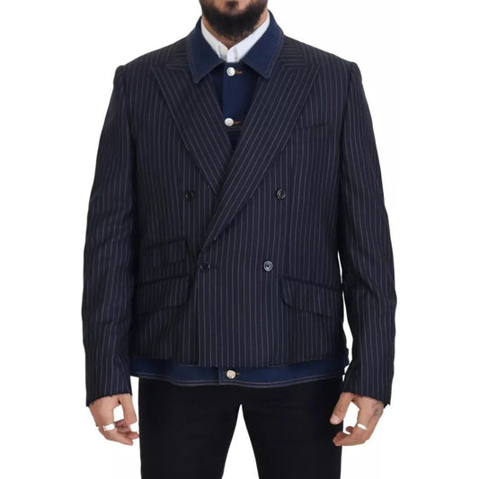 Dolce & Gabbana Blue Striped Double Breasted Denim Blazer