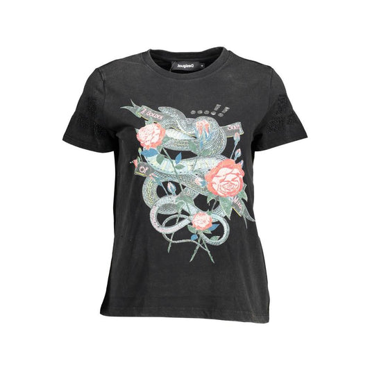 Desigual Chic Black Printed Tee with Unique Embellishments Desigual