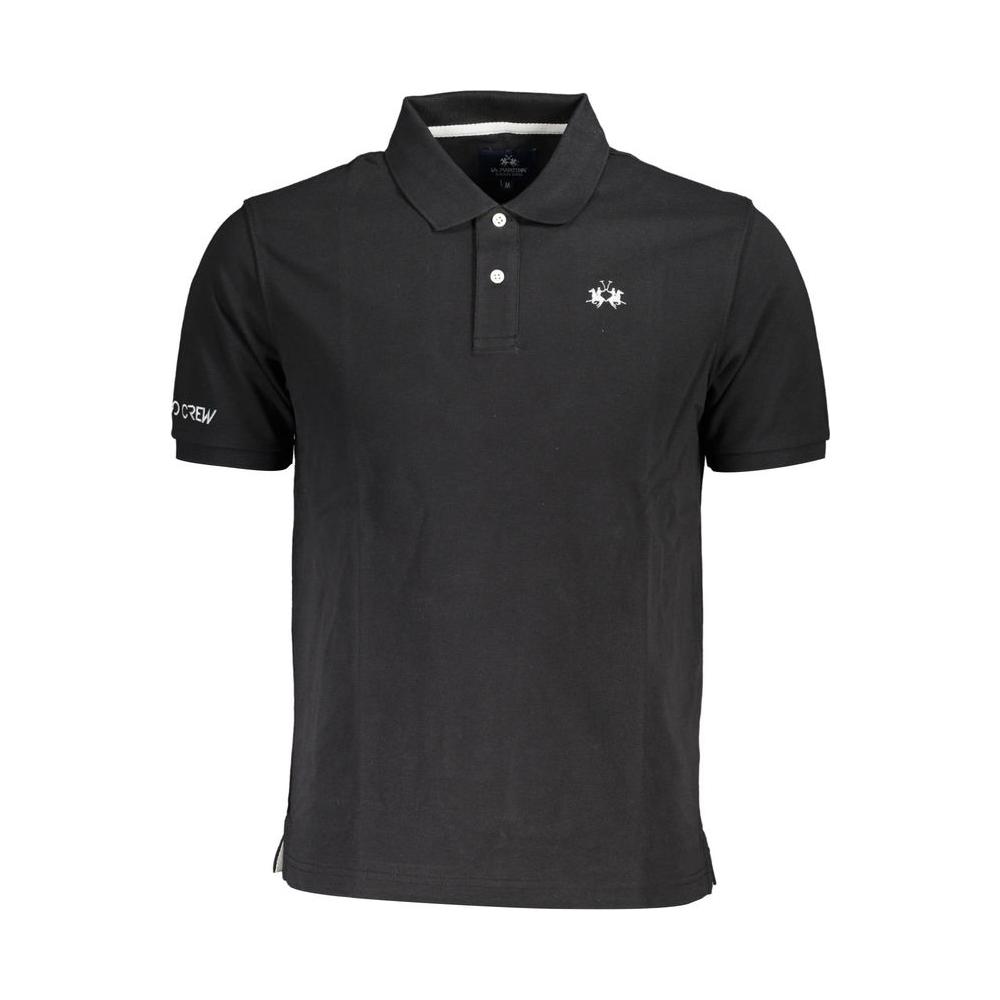 Sleek Black Cotton Polo Shirt with Embroidery