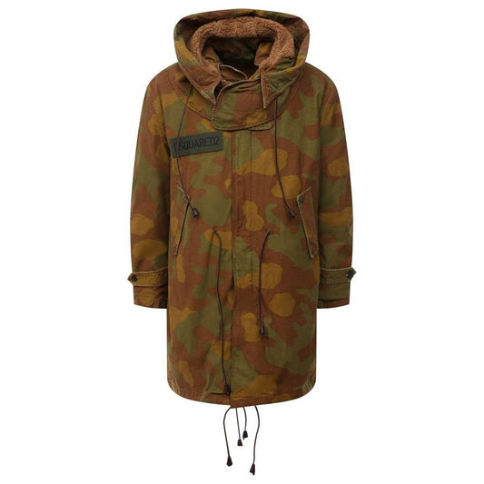 Camo Textured Hooded Parka with Leather Details