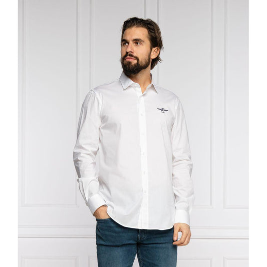 Slim Fit White Cotton Shirt with Eagle Logo Aeronautica Militare