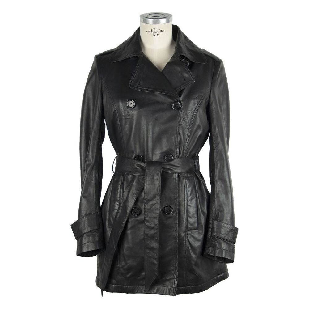 Elegant Black Leather Trench with Belt