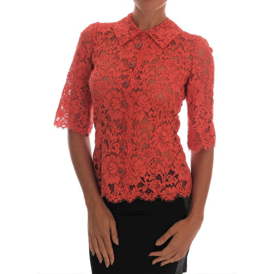 Elegant Orange Floral Lace Crystal Cardigan Blouse