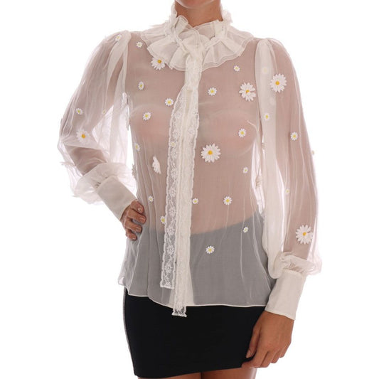Dolce & Gabbana Elegant White Silk Daisy Blouse white-daisy-applique-silk-shirt