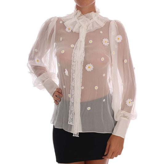 Elegant White Silk Daisy Blouse