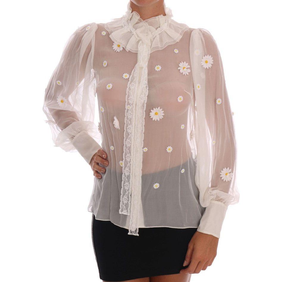 Dolce & Gabbana White Daisy Applique Silk Shirt