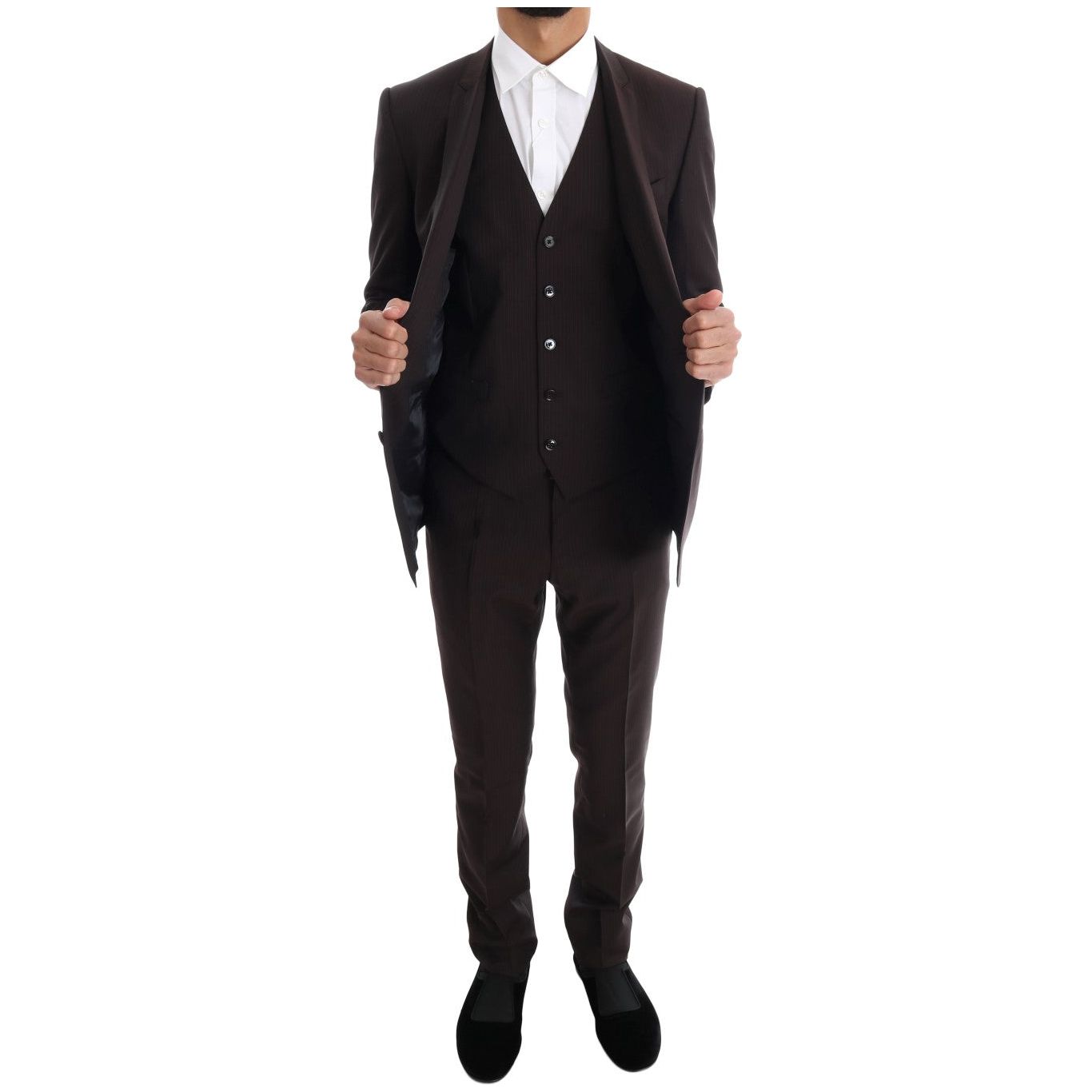 Dolce & Gabbana Elegant Brown Striped Three-Piece Wool Suit elegant-brown-striped-three-piece-wool-suit