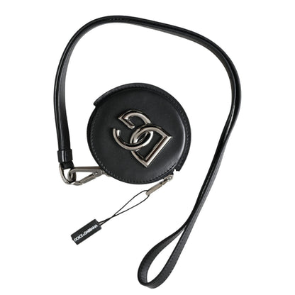 Dolce & Gabbana Black Round Leather DG Logo Coin Purse Lanyard Wallet