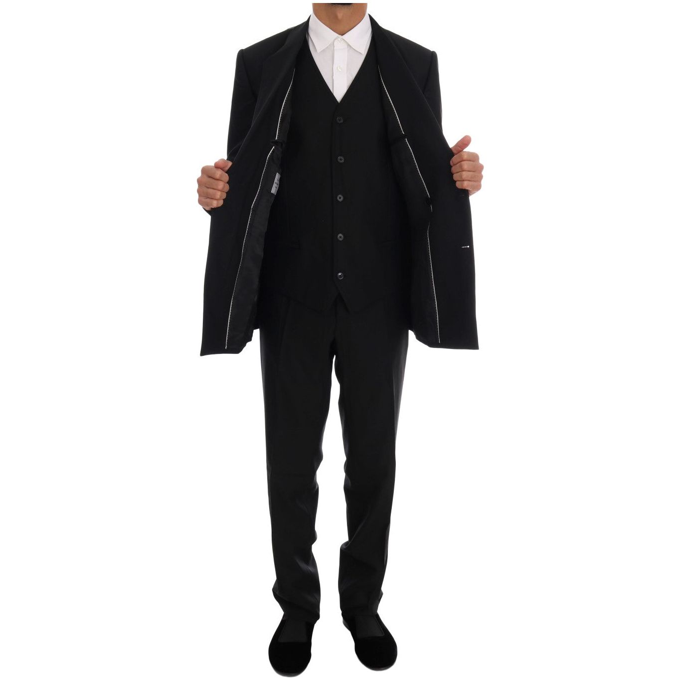 Elegant Black Wool Three-Piece Suit