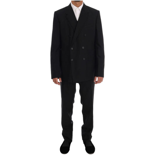 Elegant Black Wool Three-Piece Suit