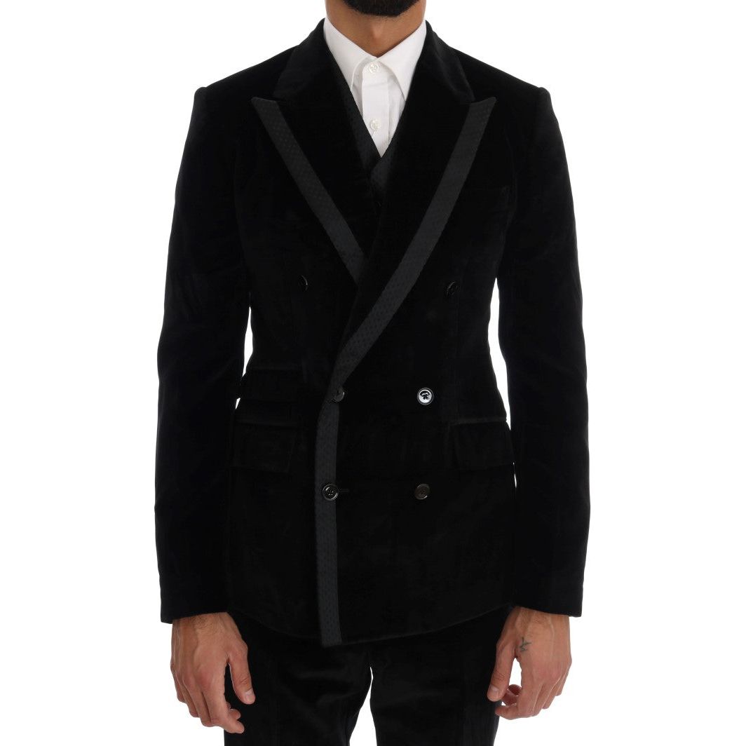 Dolce & Gabbana Elegant Black Slim Fit Three-Piece Suit Suit black-velvet-slim-double-breasted-suit