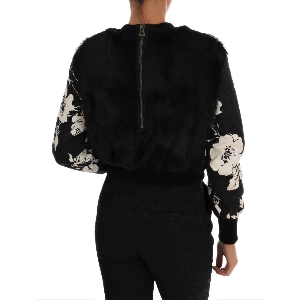 Dolce & Gabbana Floral Brocade Black Fur Sweater black-fur-floral-brocade-zipper-sweater