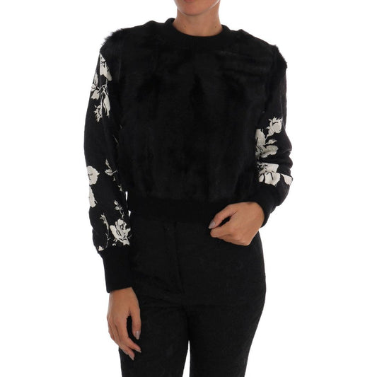 Dolce & Gabbana Floral Brocade Black Fur Sweater black-fur-floral-brocade-zipper-sweater