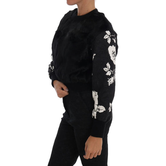 Floral Brocade Black Fur Sweater