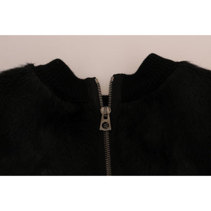 Dolce & Gabbana Black Fur Floral Brocade Zipper Sweater