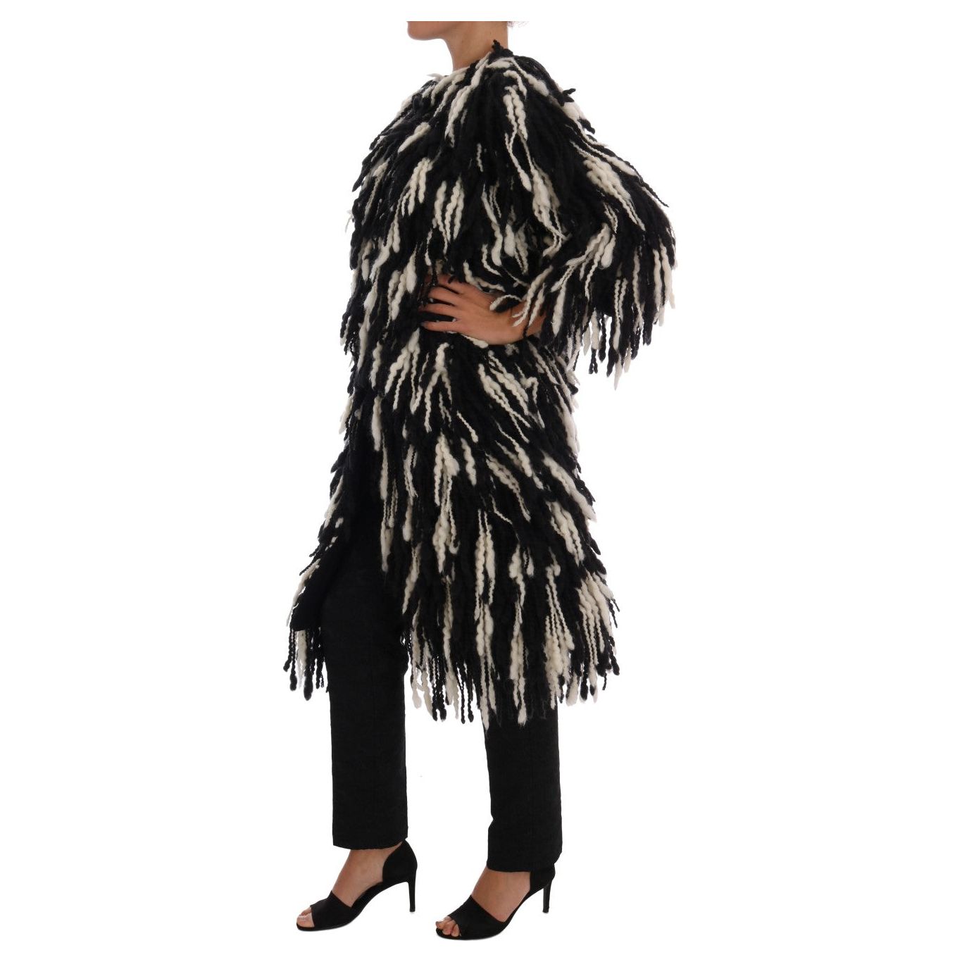 Dolce & Gabbana Black and White Fringed Wool Coat Jacket Coats & Jackets black-white-fringes-coat-wool-coat