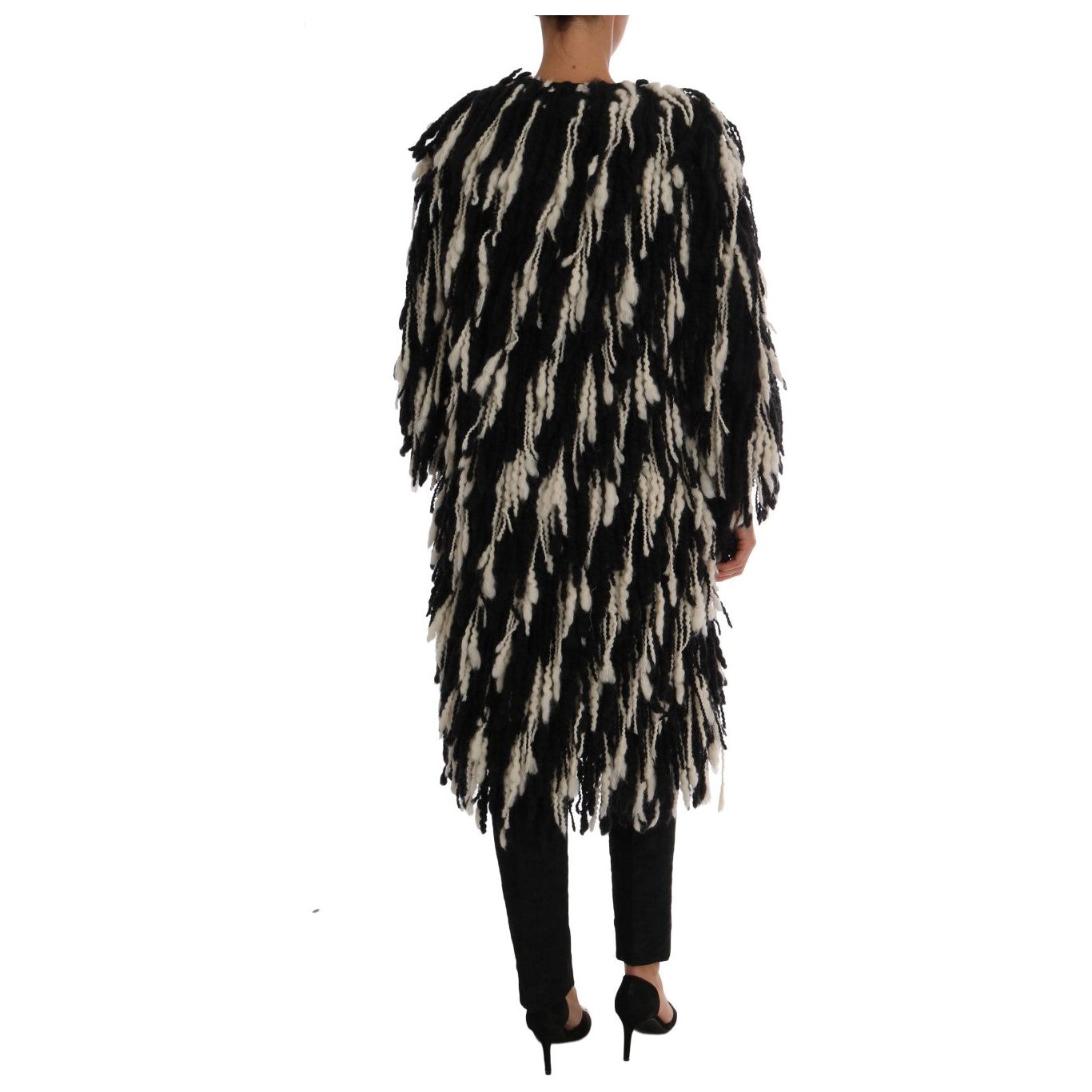 Dolce & Gabbana Black and White Fringed Wool Coat Jacket Coats & Jackets black-white-fringes-coat-wool-coat