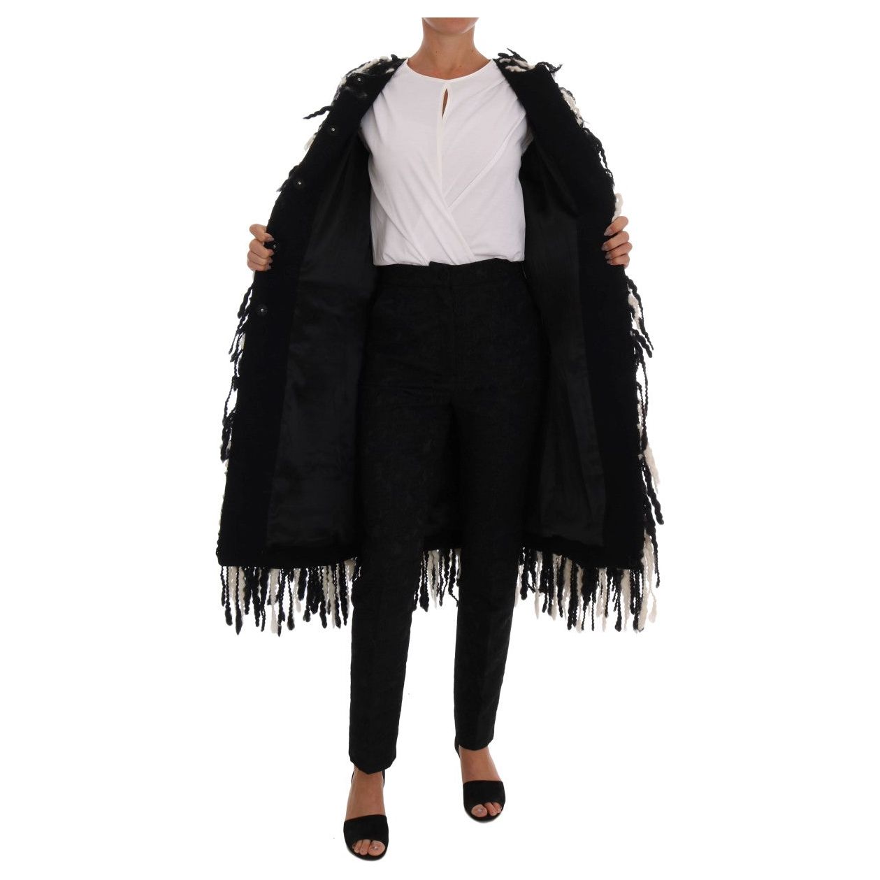 Black and White Fringed Wool Coat Jacket