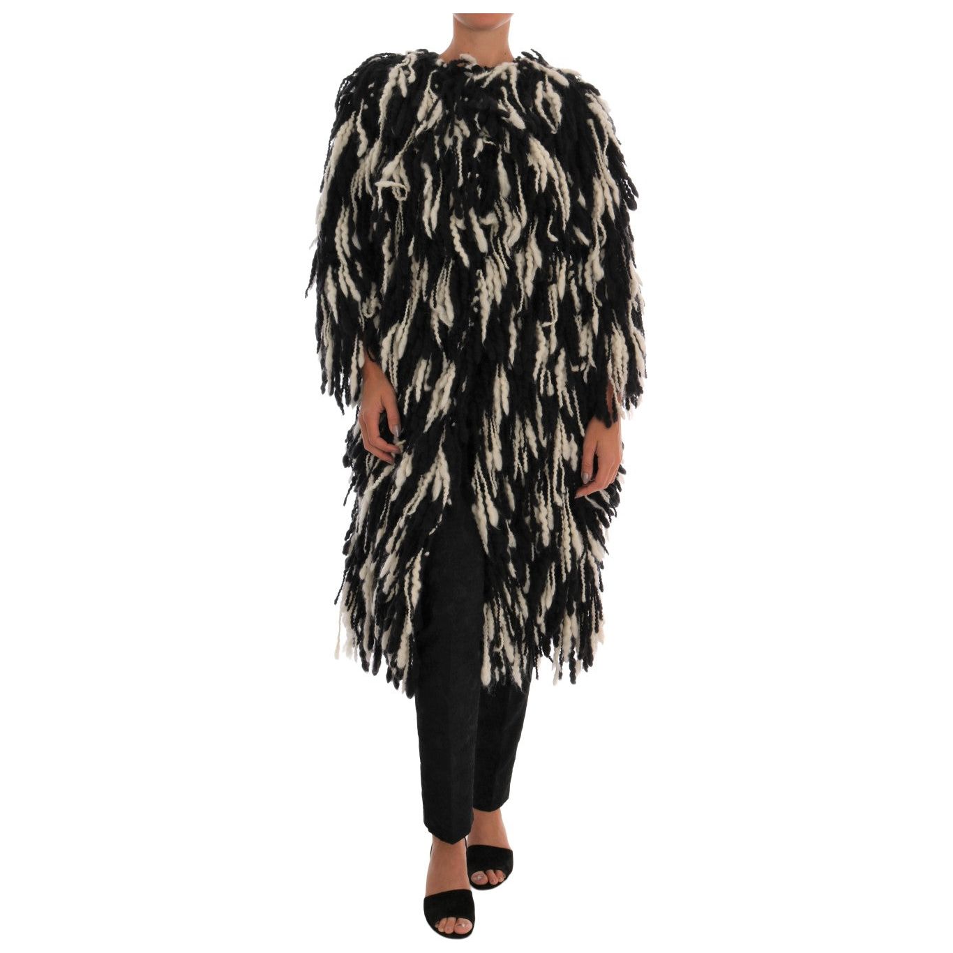 Black and White Fringed Wool Coat Jacket