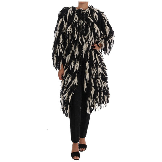 Black and White Fringed Wool Coat Jacket