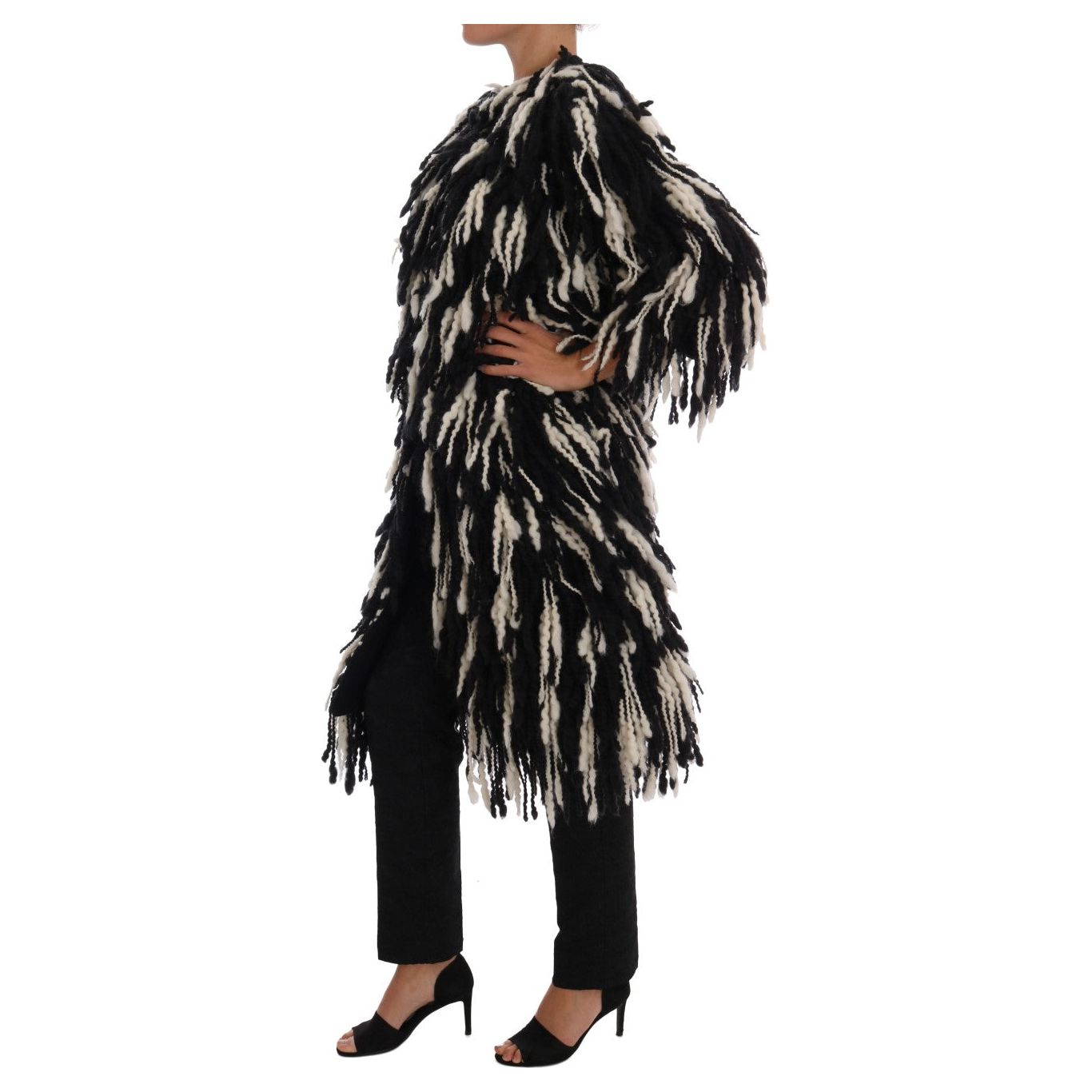 Black and White Fringed Wool Coat Jacket