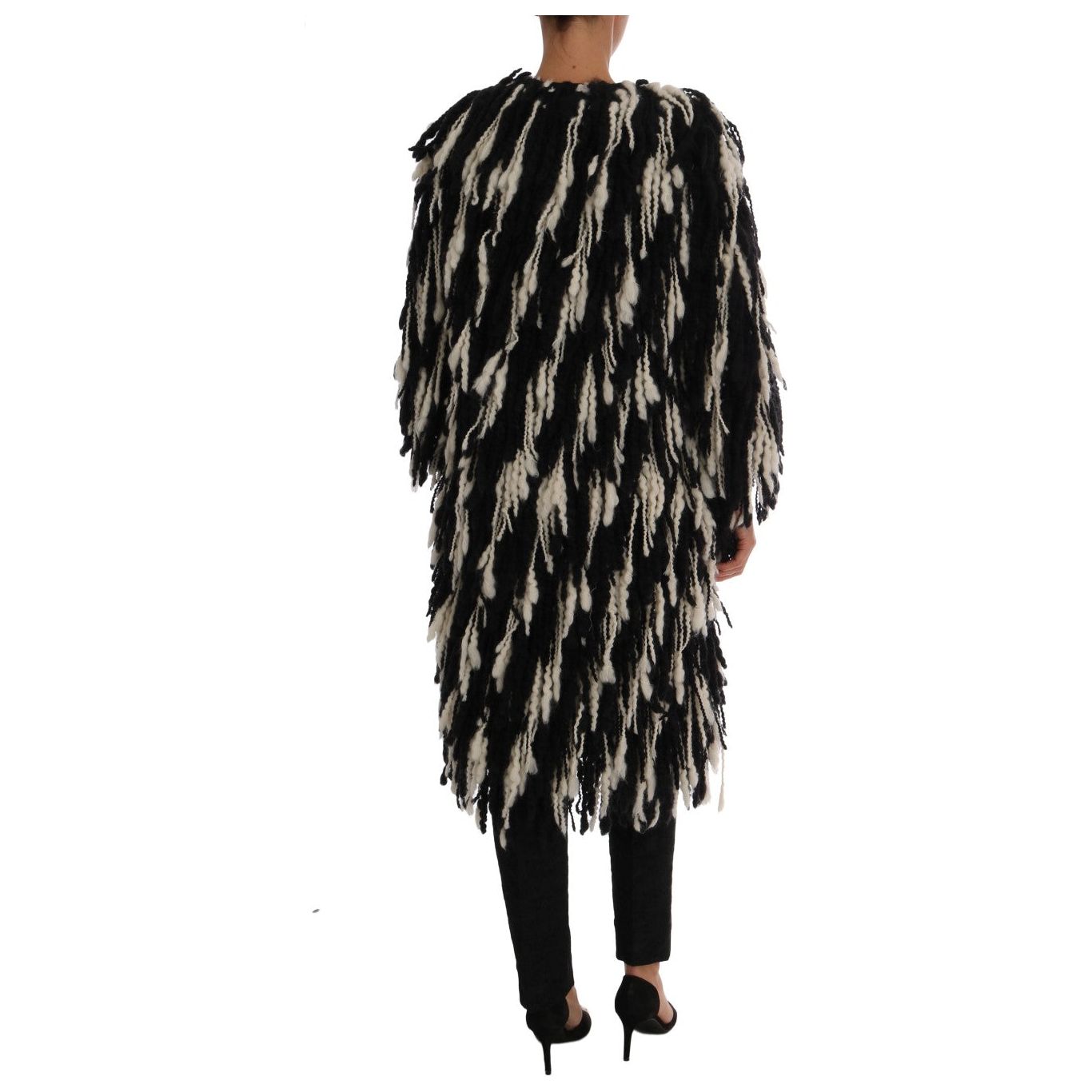 Black and White Fringed Wool Coat Jacket