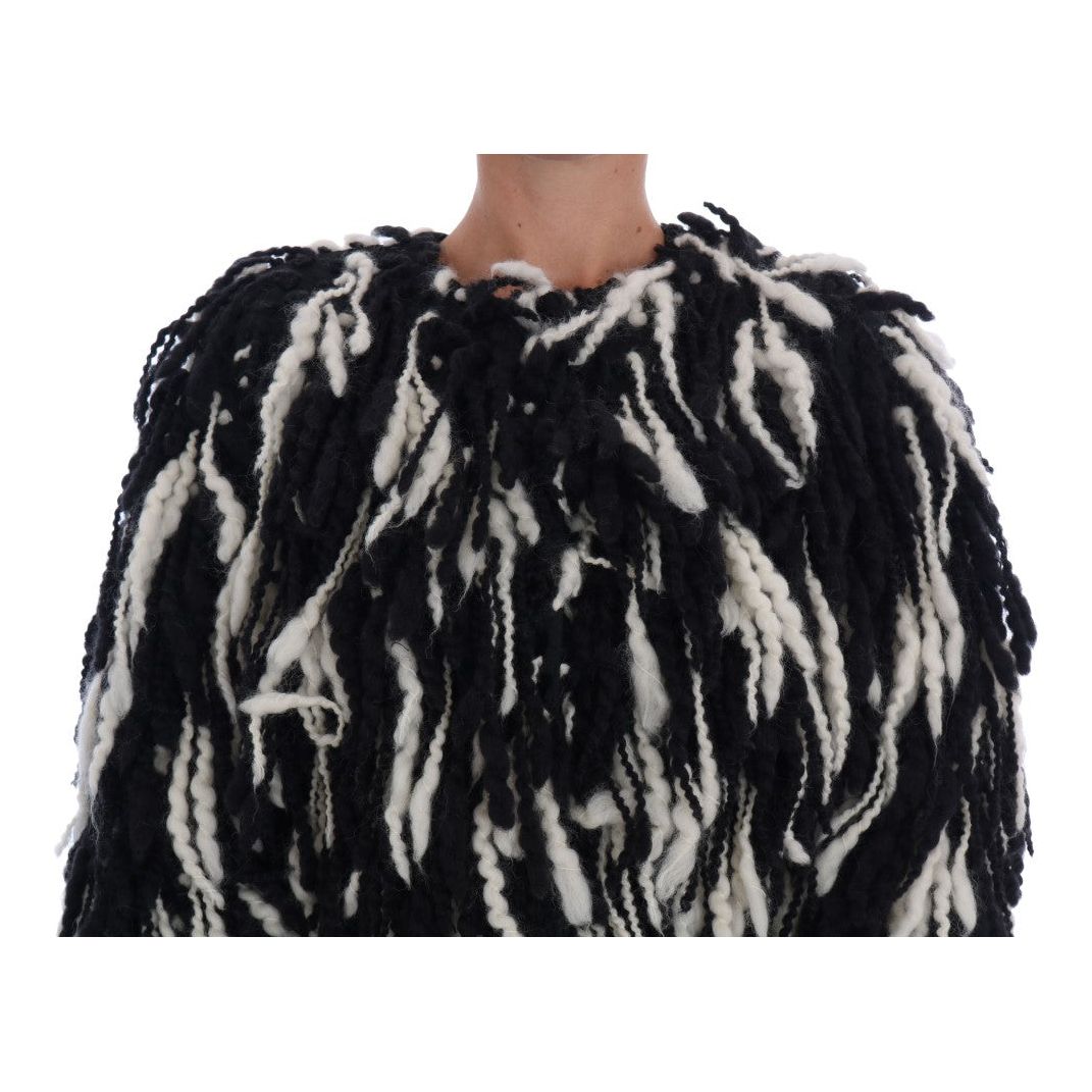 Black and White Fringed Wool Coat Jacket