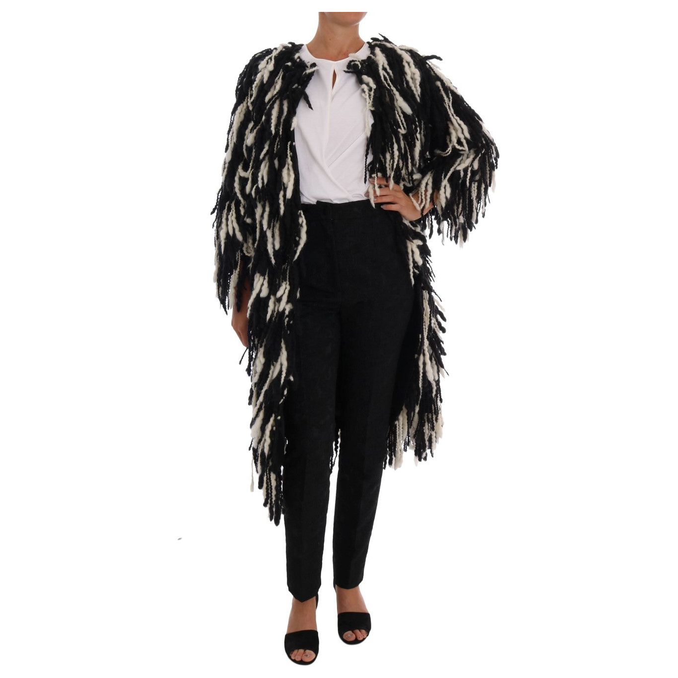 Black and White Fringed Wool Coat Jacket