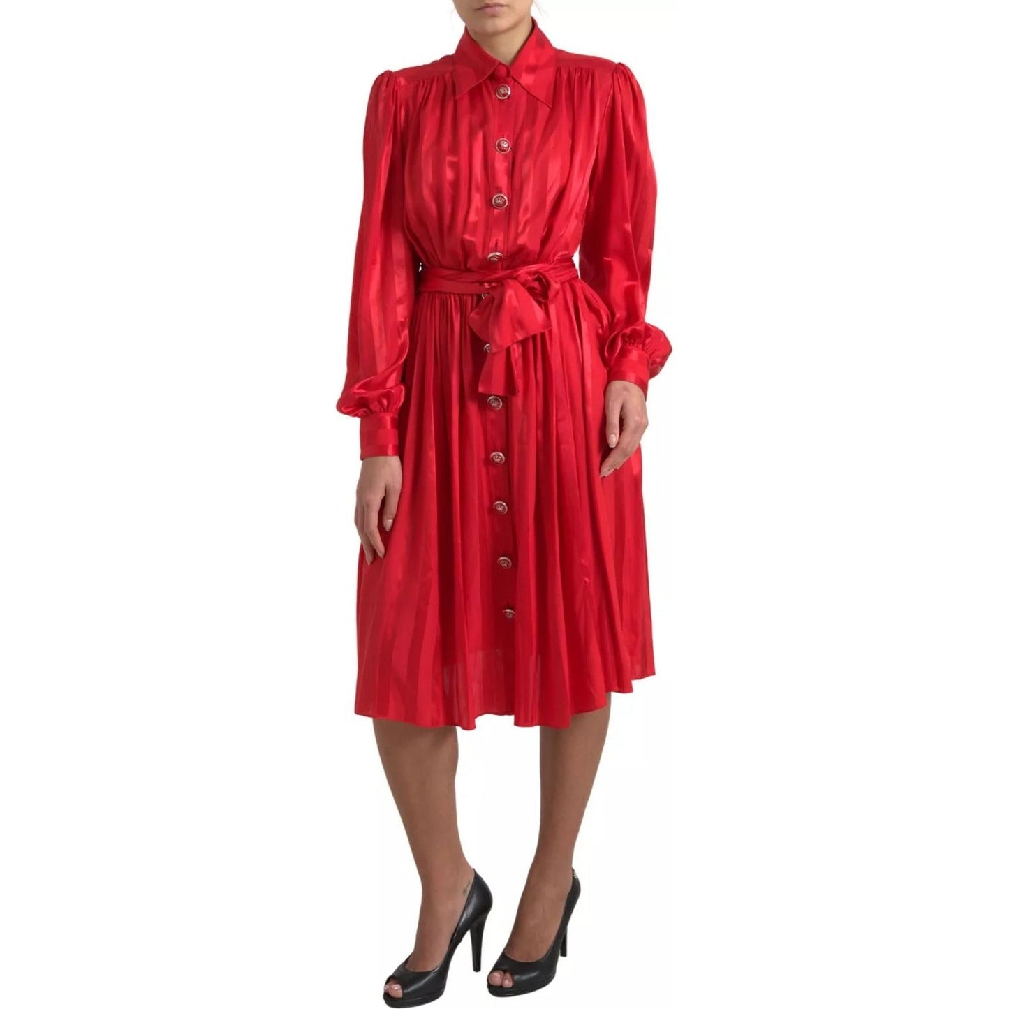 Elegant Red Silk Midi Dress with Button Detail