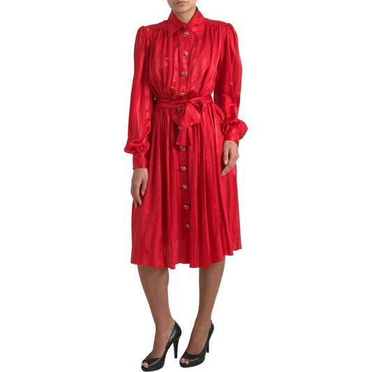 Elegant Red Silk Midi Dress with Button Detail