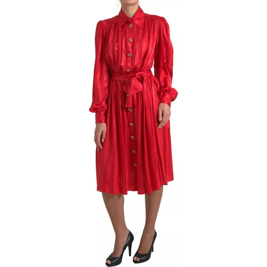 Elegant Red Silk Midi Dress with Button Detail