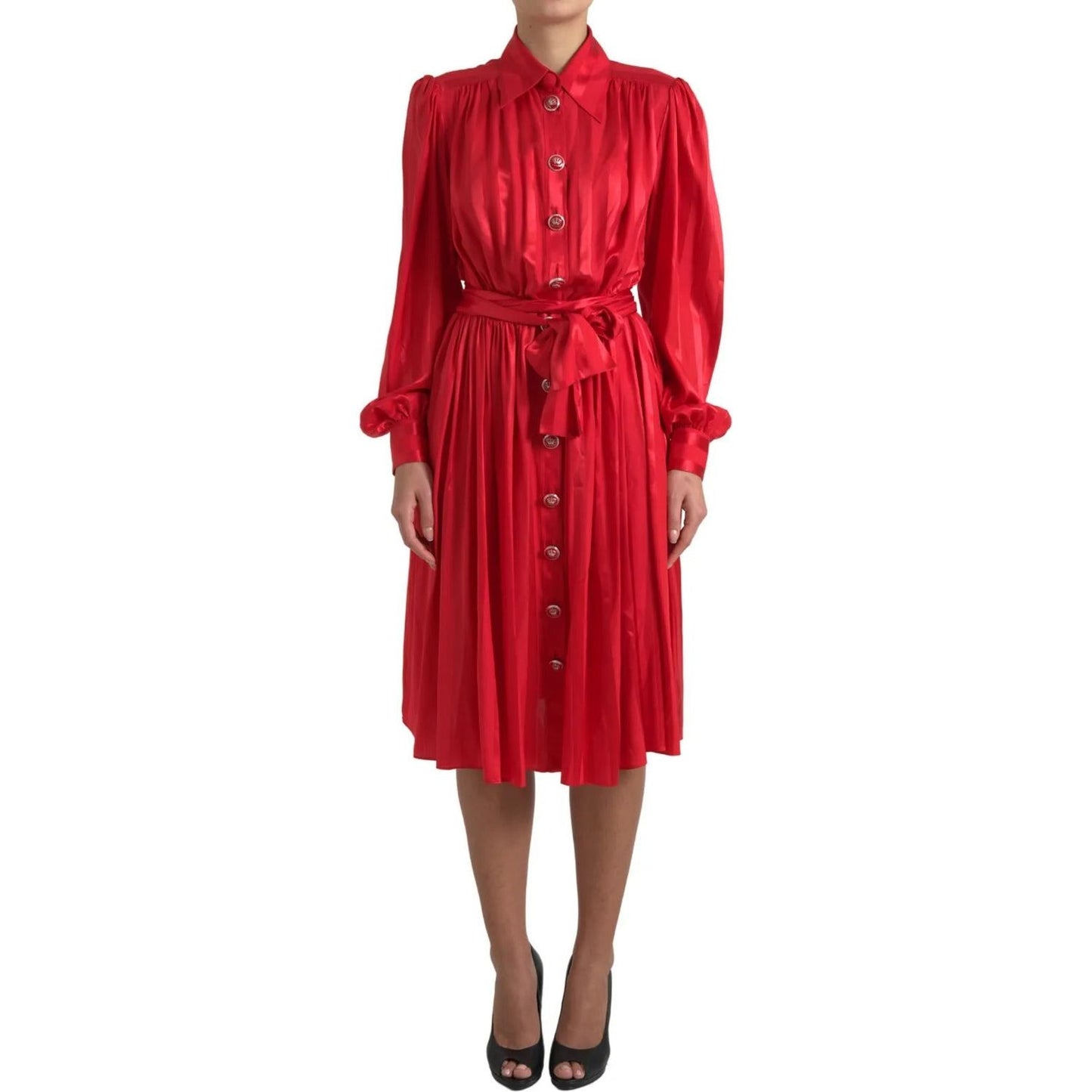 Elegant Red Silk Midi Dress with Button Detail