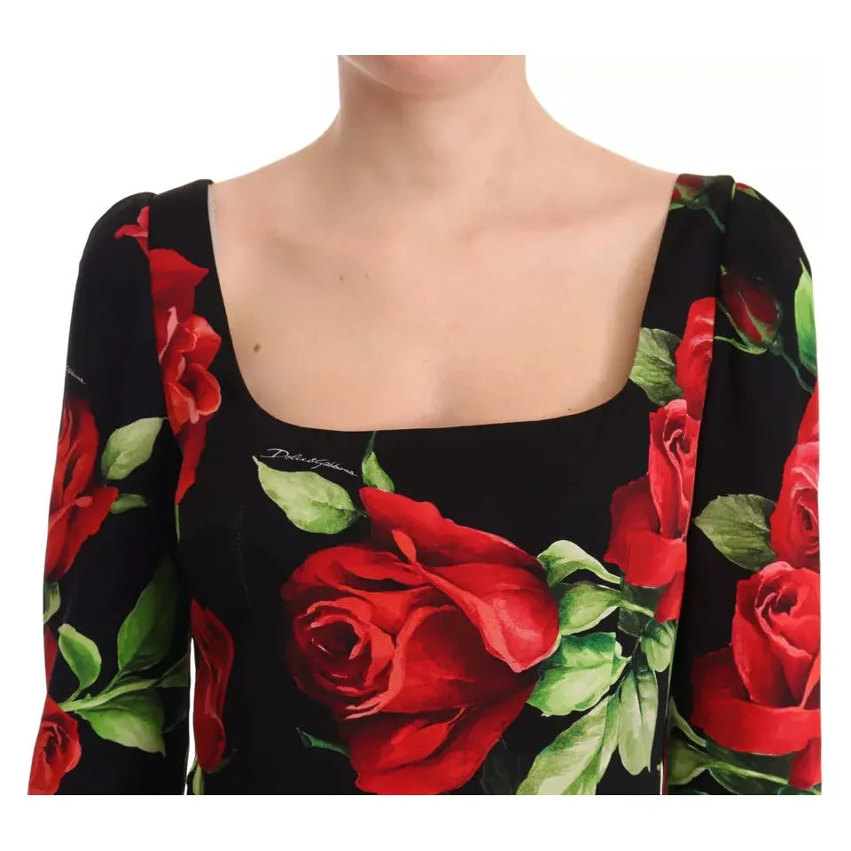 Black Red Roses Sheath Silk Stretch Dress