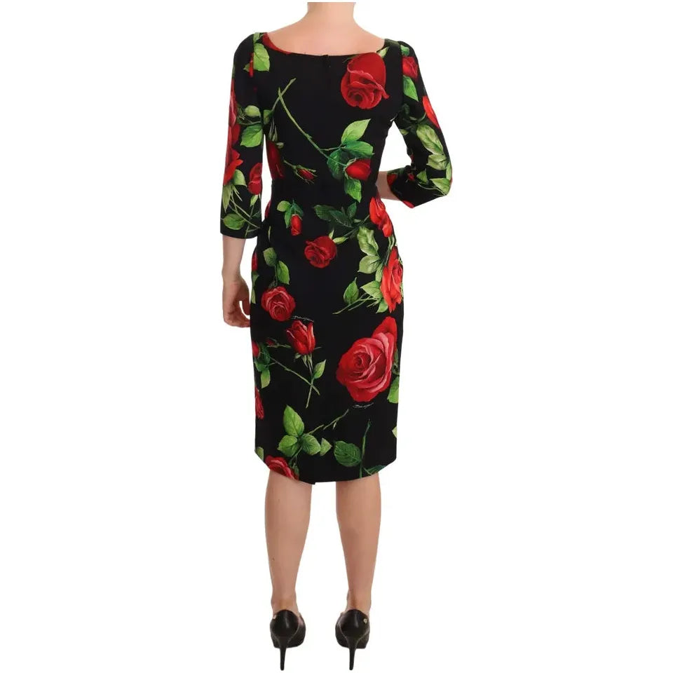 Black Red Roses Sheath Silk Stretch Dress