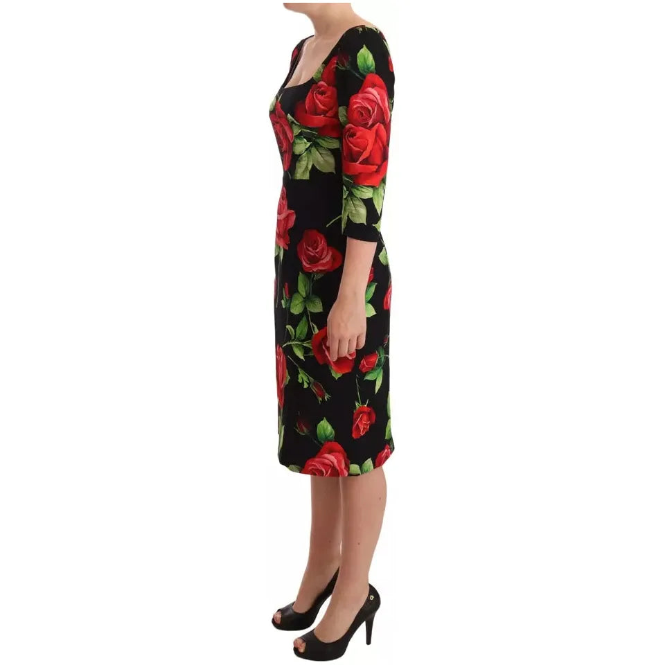 Black Red Roses Sheath Silk Stretch Dress