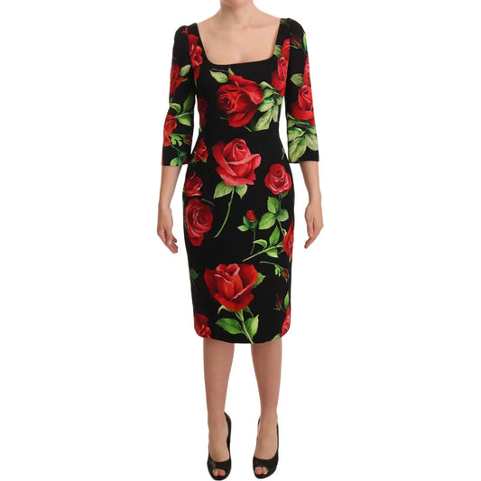 Black Red Roses Sheath Silk Stretch Dress