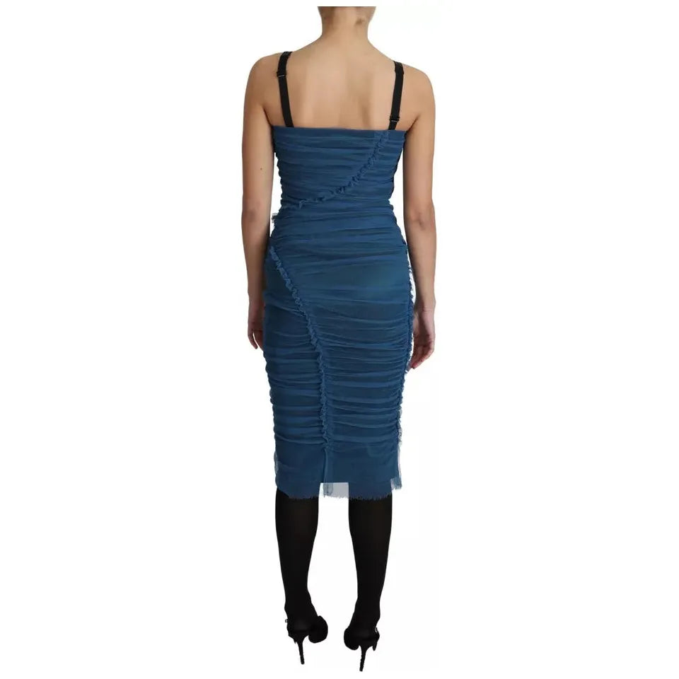 Blue Draped Tulle Midi Sheath Cotton Dress