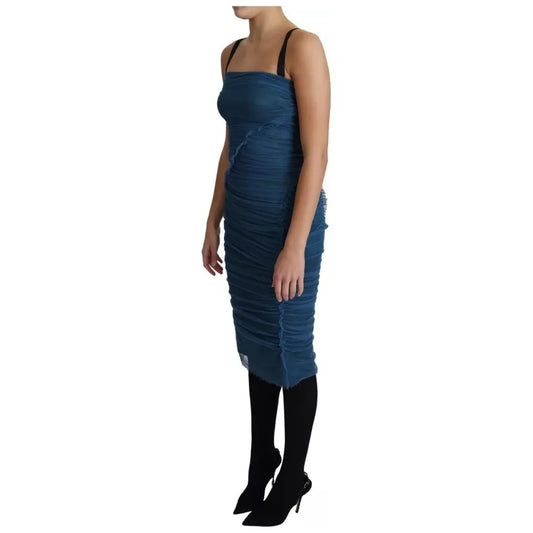 Blue Draped Tulle Midi Sheath Cotton Dress