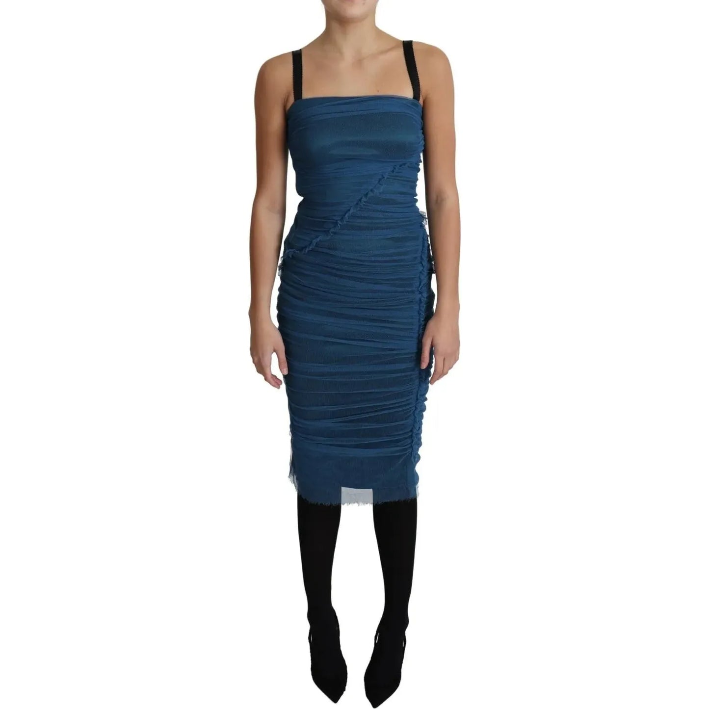 Blue Draped Tulle Midi Sheath Cotton Dress