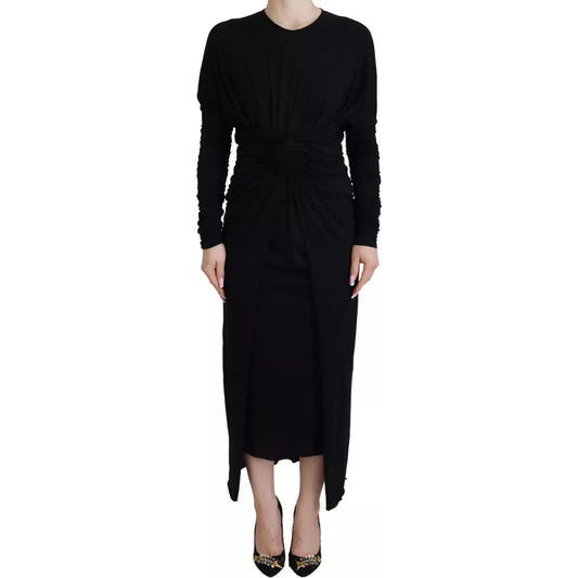 Black Sheath Midi Gown Wool Wrap Dress