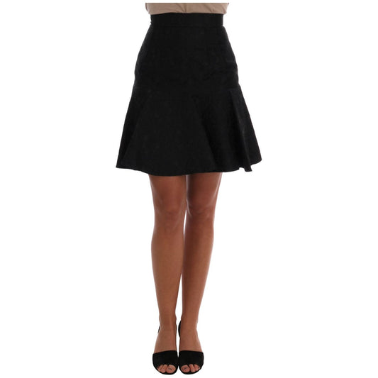 Elegant Black Floral Jacquard A-Line Skirt