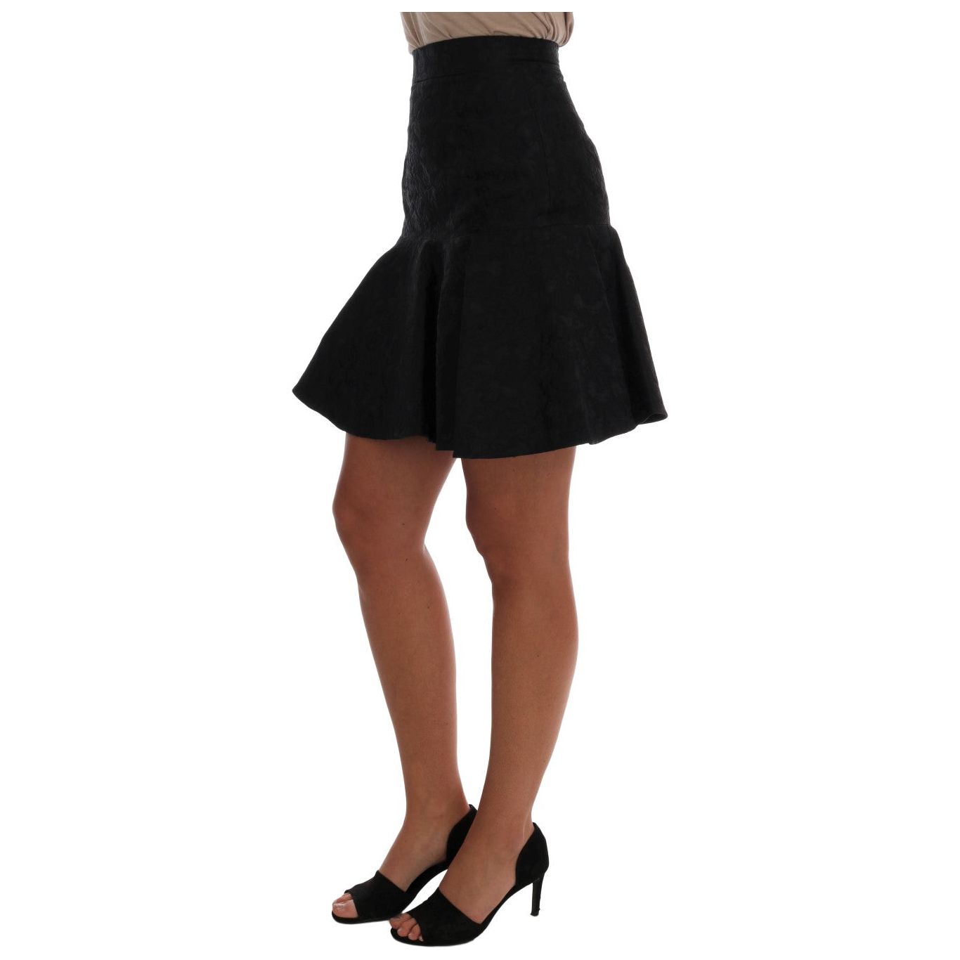 Elegant Black Floral Jacquard A-Line Skirt