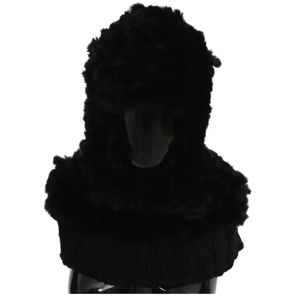 Black Silver Fox Fur Cashmere Hooded Scarf