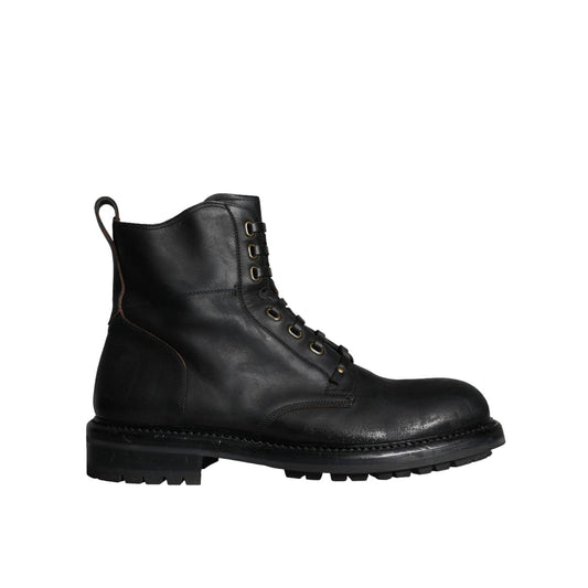 Dolce & Gabbana Black Lace Up Mid Calf Boots Men Shoes Dolce & Gabbana