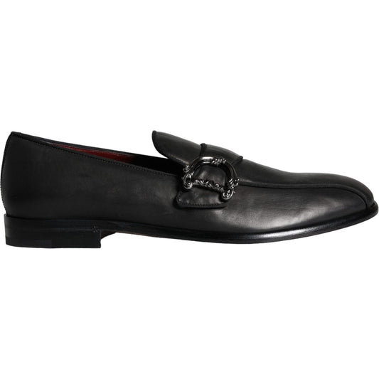 Dolce & Gabbana Black Leather Logo Loafers Men Dress Shoes Dolce & Gabbana