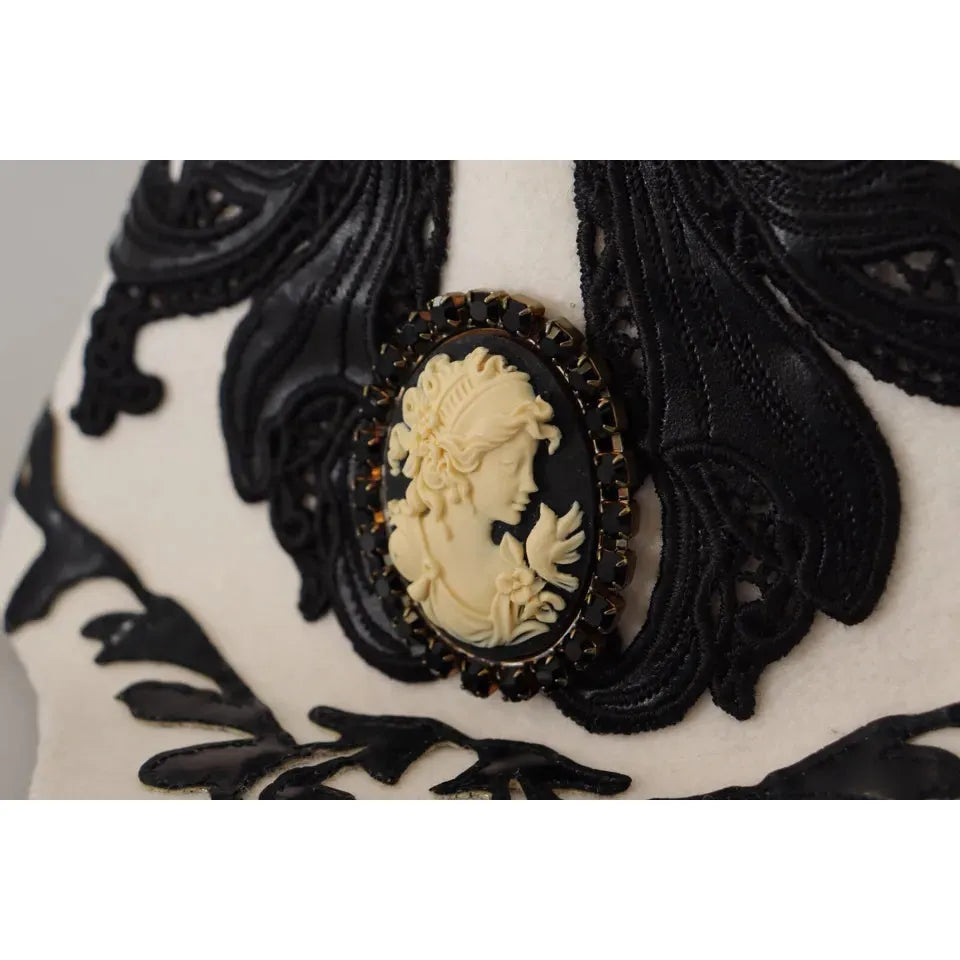 White Black Wool Embroidered Cameo Brooch Hat