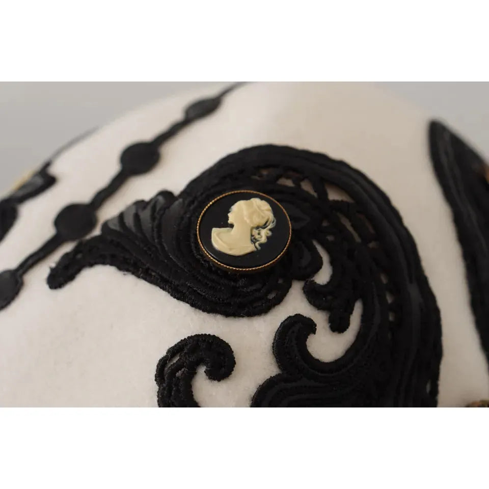 White Black Wool Embroidered Cameo Brooch Hat