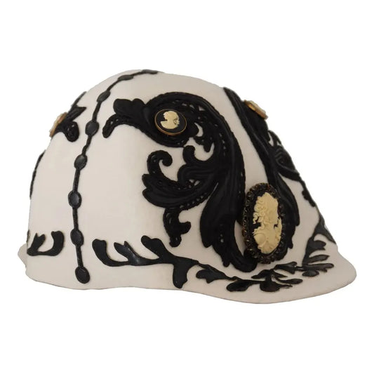 White Black Wool Embroidered Cameo Brooch Hat